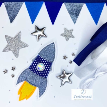Set: Rakete - Applikation Aufnäher (blau) mit Bügel Sternen Stern applikationen und Ziernieten