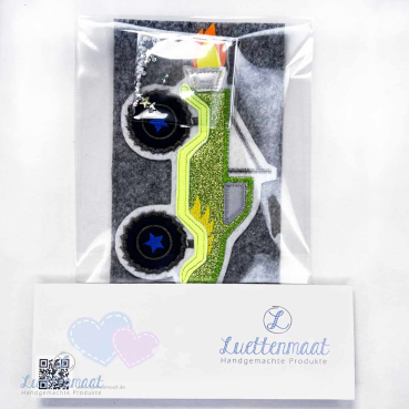 3 D Applikation Monstertruck Aufnäher grün glitzer