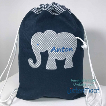 Rucksack Sportbeutel mit Elefant und Namen blau