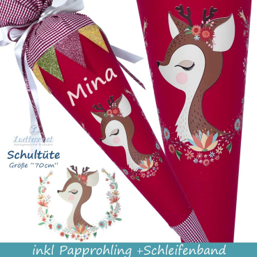 Schultüte Stoff mit Bügelapplikation Hase, Reh, Ballerinaschuhe