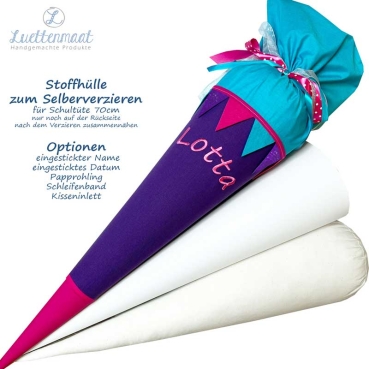 Stoffhülle für Schultüte deluxe 70cm fertiger Zuschnitt lila-pink-türkis