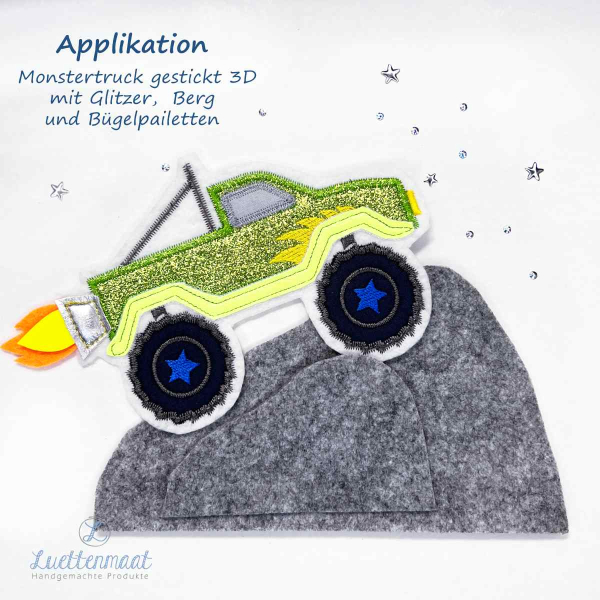 3 D Applikation Monstertruck Aufnäher grün glitzer