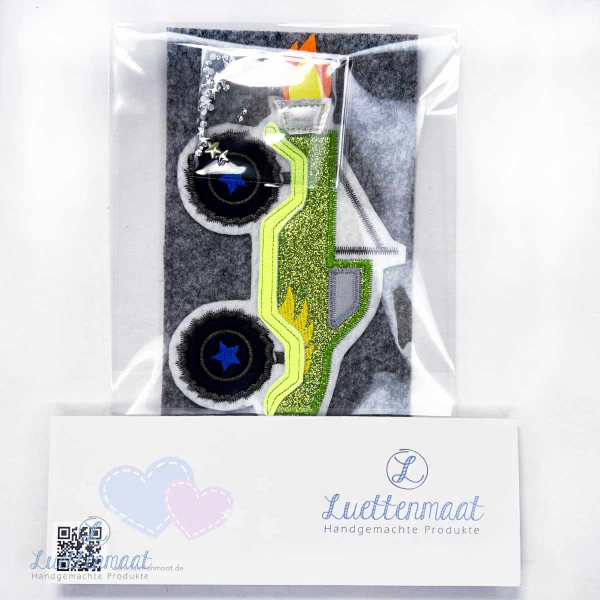 3 D Applikation Monstertruck Aufnäher grün glitzer