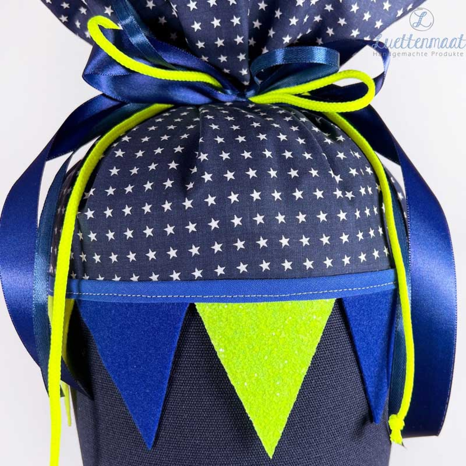 Set Wimpelkette für Schultüte mit Glitzerwimpel und Schleifenband blau grün silber